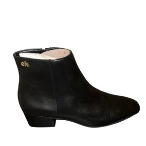 Calvin Klein Jipsy soft leather boots pointed toe low heel gold-tone 'CK' Sz 8